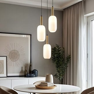 Lampada a sospensione Dayley a 3 luci con vetro bianco latte - bianco latte e oro