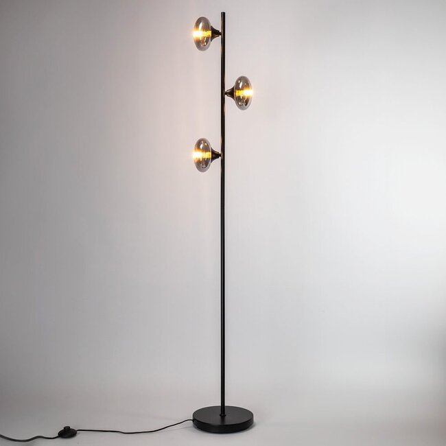 Lampada da terra a 3 luci Musta - nero con vetro grigio fumé