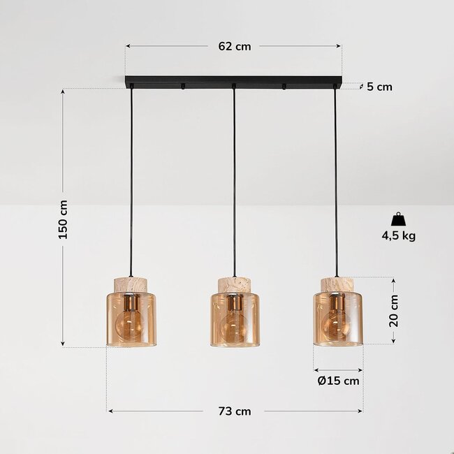 Lampada a sospensione Naki a 3 luci con travertino (pietra naturale) e vetro ambrato