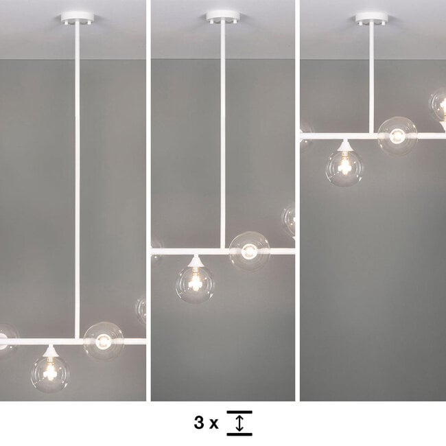 Lampada a sospensione a 6 punti luce Aster - struttura bianca con sfere in vetro trasparente