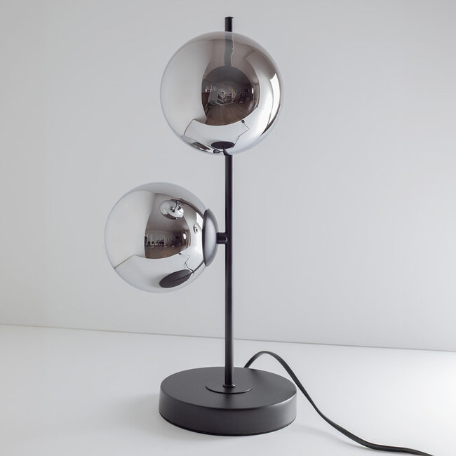 Lampada da tavolo a 2 luci Ethan - nero e vetro fumé con effetto specchio