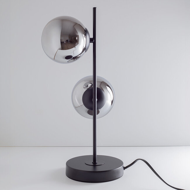 Lampada da tavolo a 2 luci Ethan - nero e vetro fumé con effetto specchio