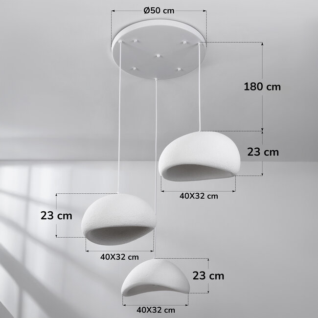 Lampada a sospensione Wabi Sabi a 3 punti luce Ishi - bianco effetto pietra