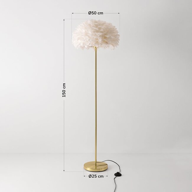 Lampada da terra di design Evania con piume bianche e base in ottone dorato
