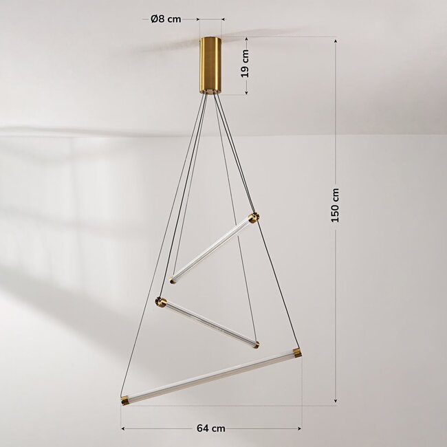 Lampada a sospensione di design Noqta con 3 aste luminose in ottone dorato – dimmerabile triac