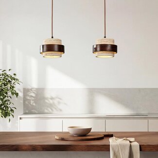 Lampada a sospensione a 2 punti luce Travé - travertino (pietra naturale) e legno