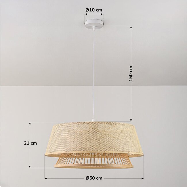 Lampada a sospensione in bambù Tovra con paralume intrecciato naturale