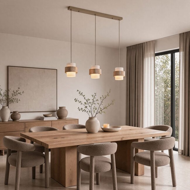 Lampada a sospensione Flari con 3 paralumi in travertino e vetro bianco latte - beige