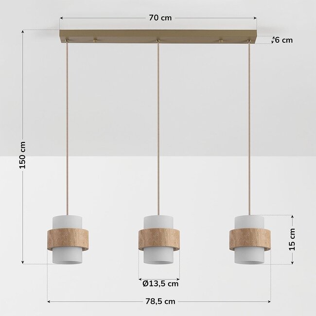 Lampada a sospensione Flari con 3 paralumi in travertino e vetro bianco latte - beige