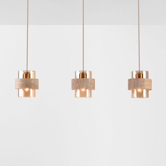 Lampada a sospensione Flari con 3 paralumi in travertino e vetro ambrato - beige