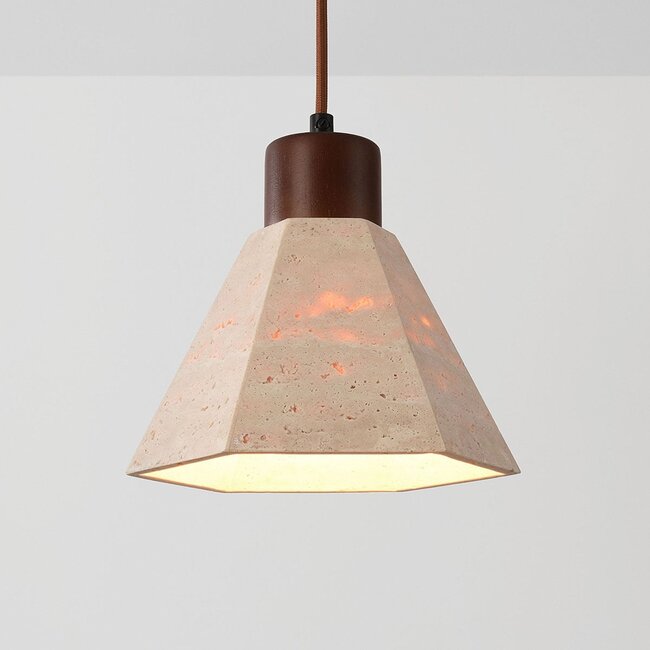 Lampada a sospensione Petra in travertino e legno - marrone
