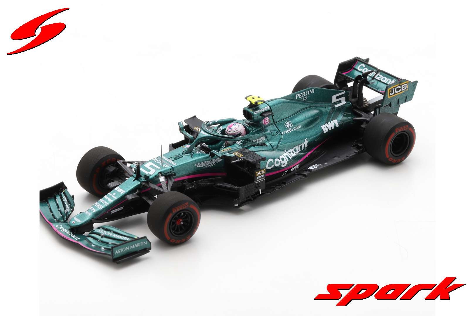 1:43 Aston Martin Cognizant F1 Team AMR21 #5 Sebastian Vettel 2nd Place Azerbaijan GP 2021 (with pit board) Spark