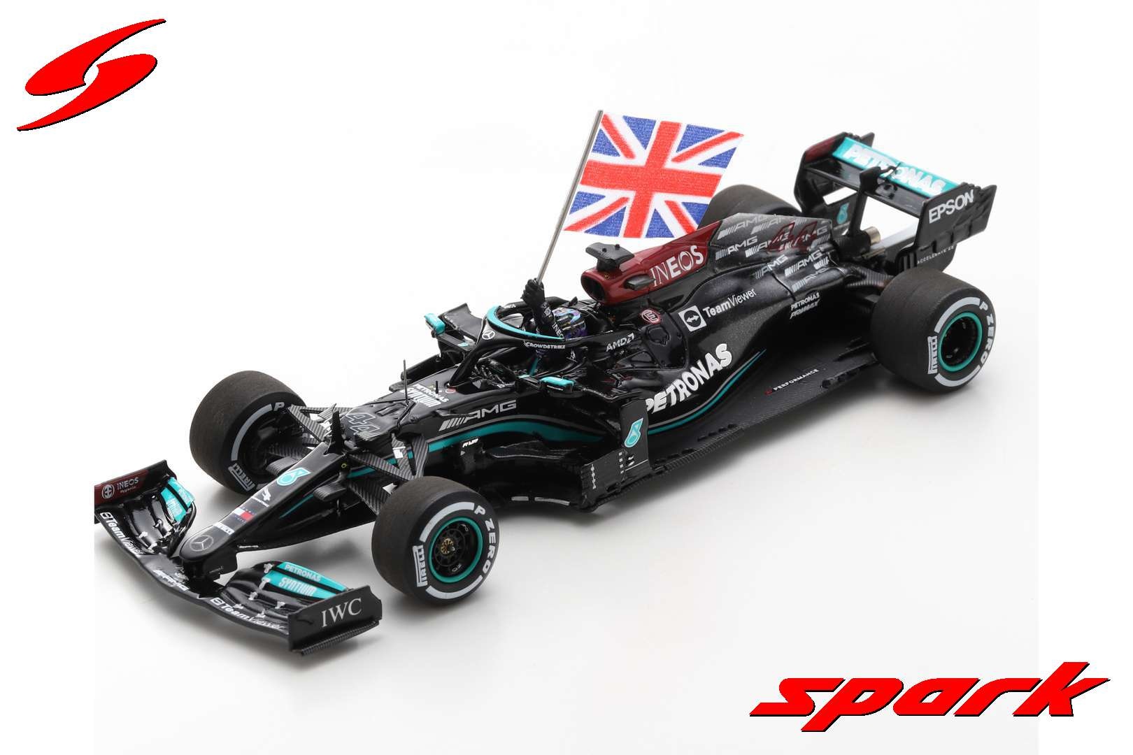 1:43 Mercedes-AMG Petronas Formula 1 Team W12 #44 Lewis Hamilton with flag 'Winner British GP 2021' Spark