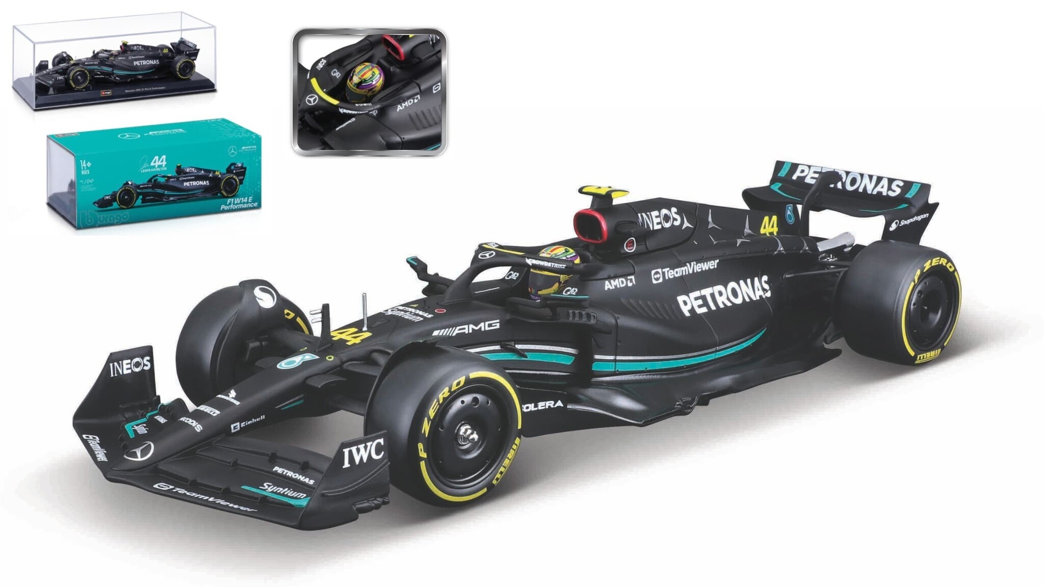 1:24 Mercedes-AMG Petronas Formula One Team F1 W14 E Performance #44 Lewis Hamilton 2023 Zwart-turquoise Bburago Schaalmodel