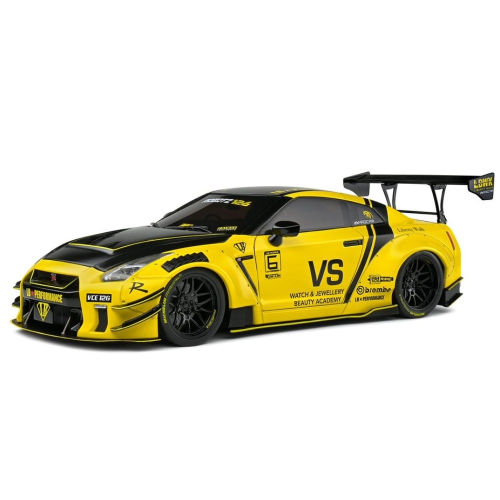 1:18 Nissan GT-R (R35) with Liberty Walk Body Kit 2.0 2020 Yellow-Black Solido Scale Model