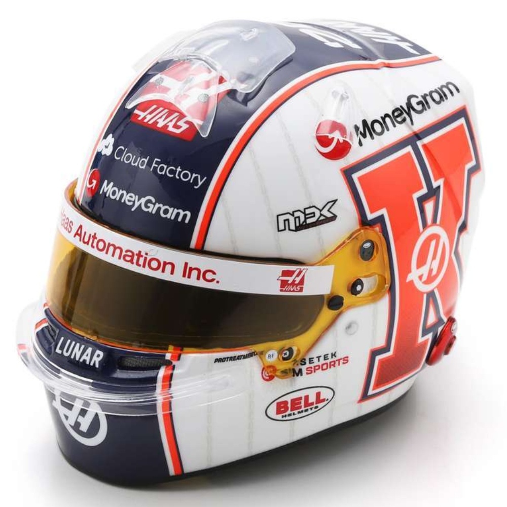 1:5 Moneygram Haas F1 Team - Kevin Magnussen - Miami GP Helmet 2023 weiß-blau-rot Spark Modell im Maßstab 1:5.