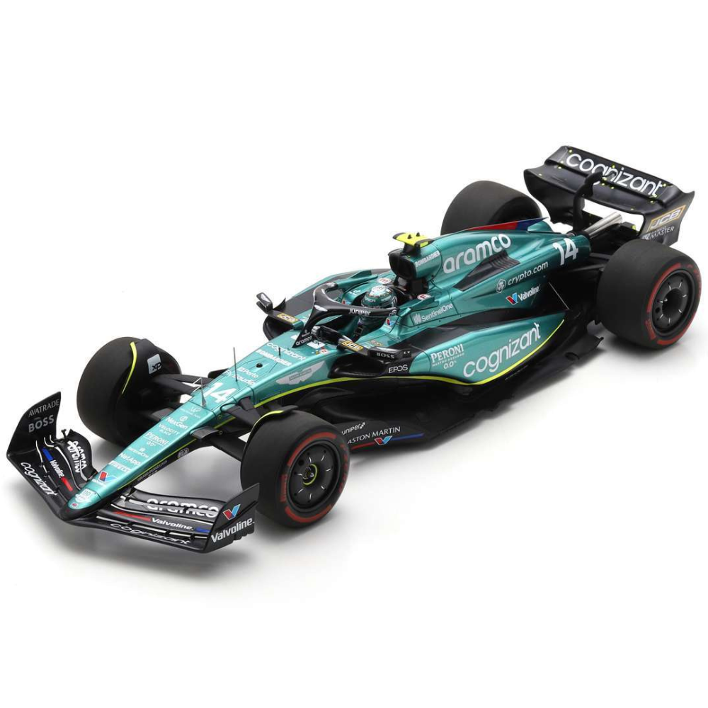1:18 Aston Martin Aramco Cognizant Formel 1 Team AMR23 #14 Fernando Alonso 7. Großbritannien GP 2023 Grün-Schwarz-Gelb Spark Maßstabmodell