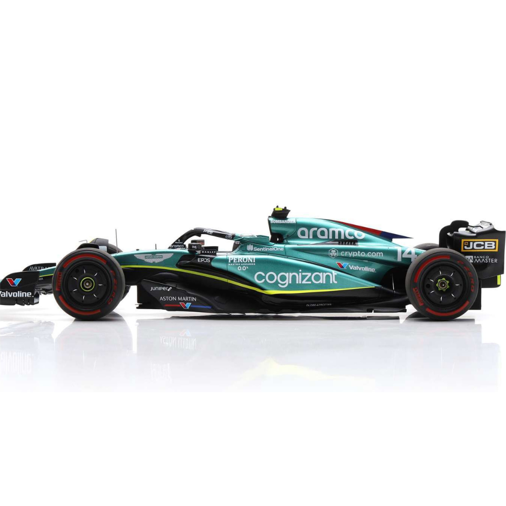1:18 Aston Martin Aramco Cognizant Formel 1 Team AMR23 #14 Fernando Alonso 7. Großbritannien GP 2023 Grün-Schwarz-Gelb Spark Maßstabmodell