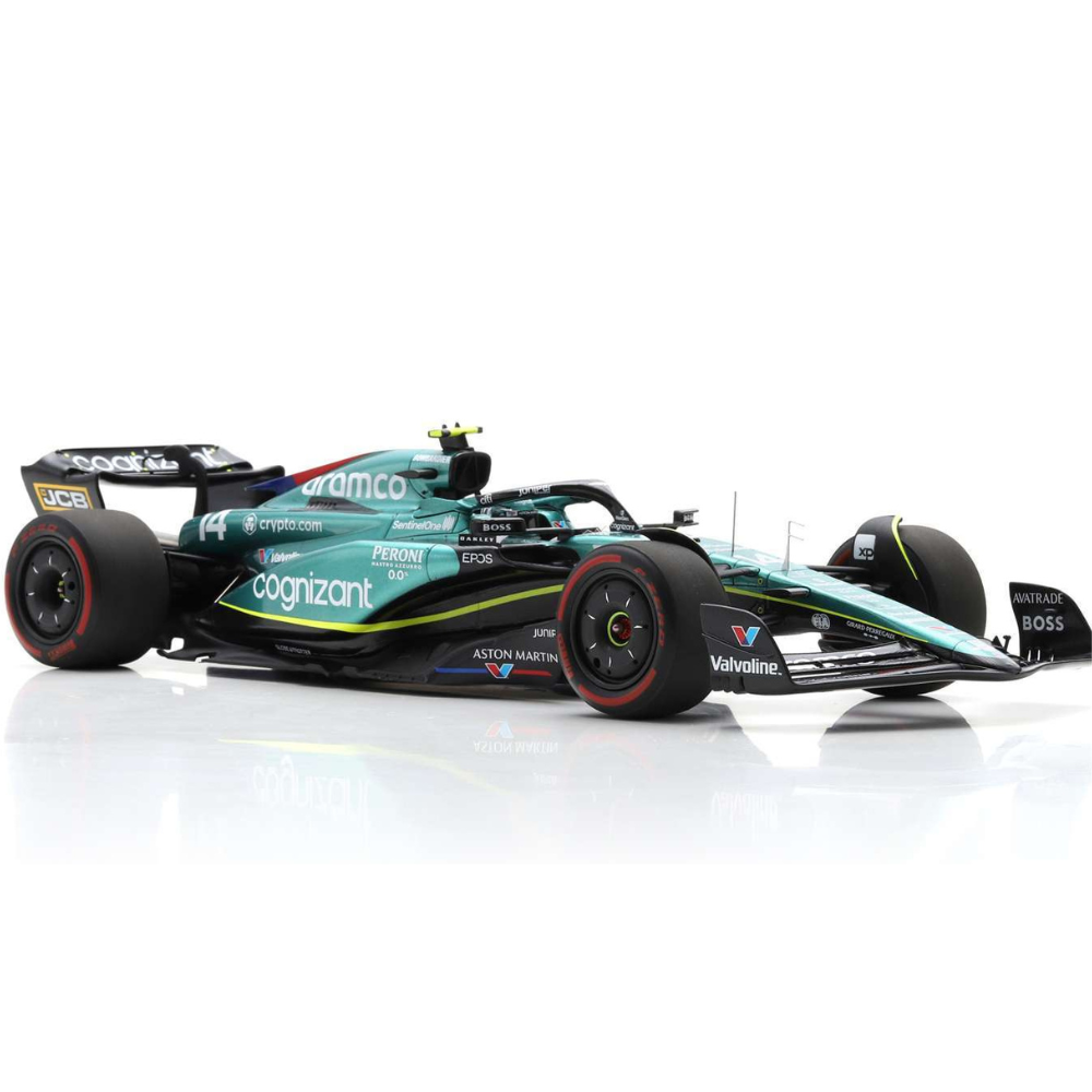 1:18 Aston Martin Aramco Cognizant Formel 1 Team AMR23 #14 Fernando Alonso 7. Großbritannien GP 2023 Grün-Schwarz-Gelb Spark Maßstabmodell