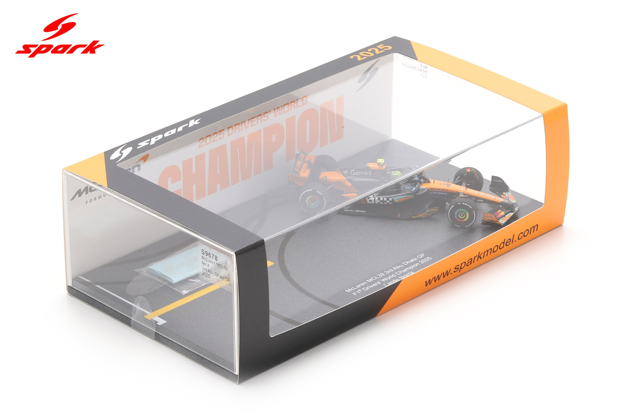 1:43 Lando Norris McLaren MCL39 ‘World Champion’ 3rd Abu Dhabi 2025 - Spark Models