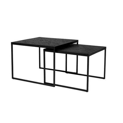 Meubols Salontafel - Zwart - Teak - Visgraat - Vierkant - Set van 2 Meubols Salontafel - Zwart - Teak - Visgraat - Vierkant - Set van 2