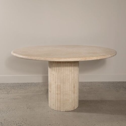 Meubols Eettafel - Travertin - Rond - Cilinder Ribbel Tafelpoot