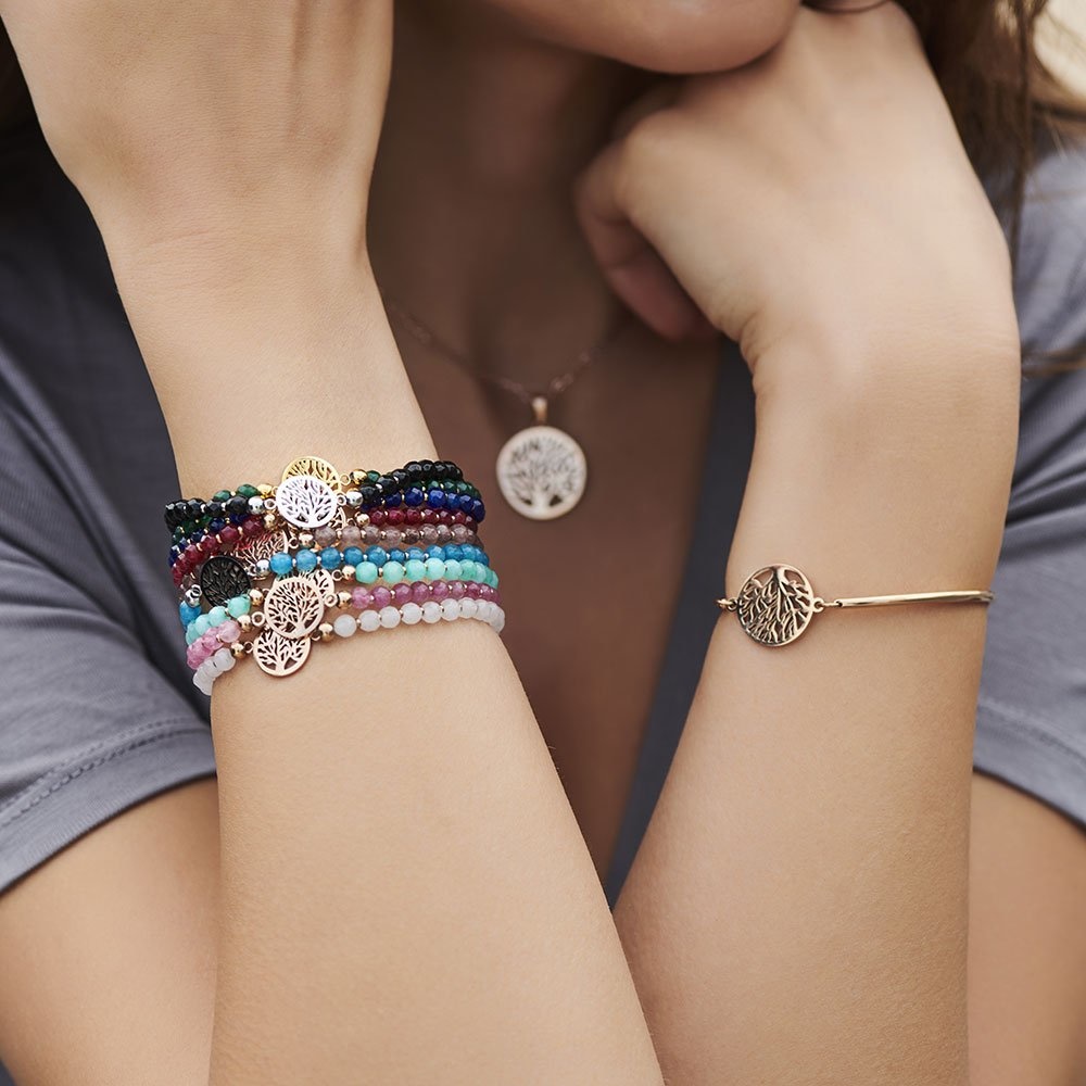 Light PINK Natural Stones Bracelet with Tree of Life Pendant