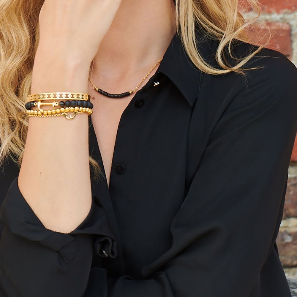Zwart emaille kralenarmband met gouden anker