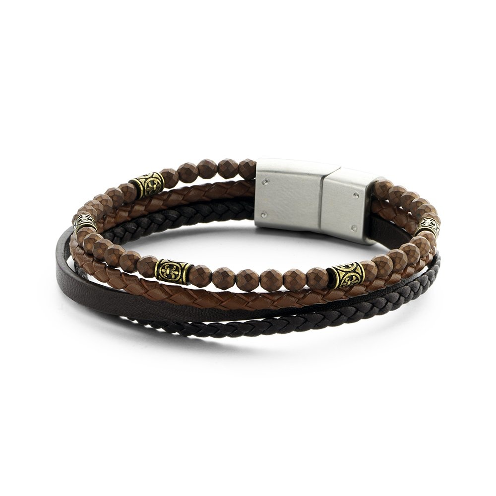 Brown Hematite beads and Leather Multi-Layer Bracelet with Stainless Steel