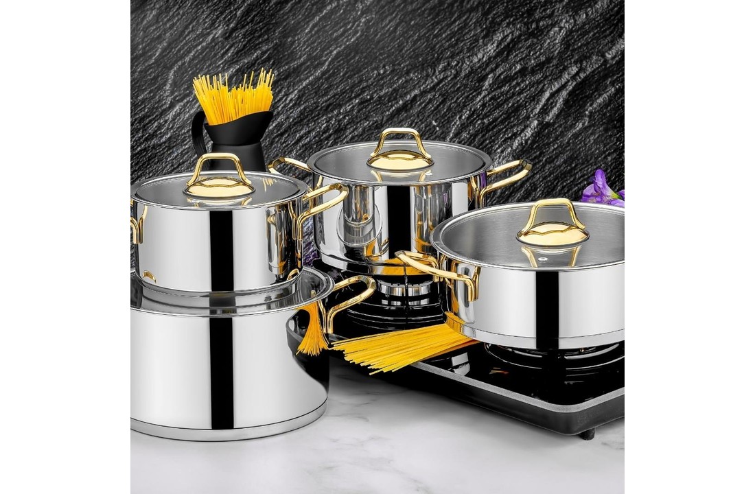 HUMA Cooking Pot Set - Plain / Gold handgreep 8 PCS