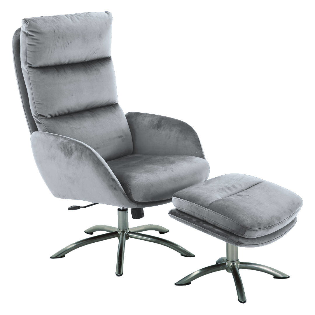 Relax Chair met voetenbank - Fauteuil met Ottoman - Lichtgrijs - Zilveren poten