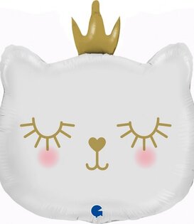 Folieballon witte kat met gouden kroon