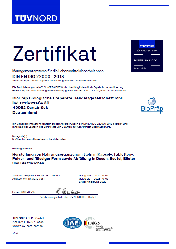 ISO 22000 Zertifikat