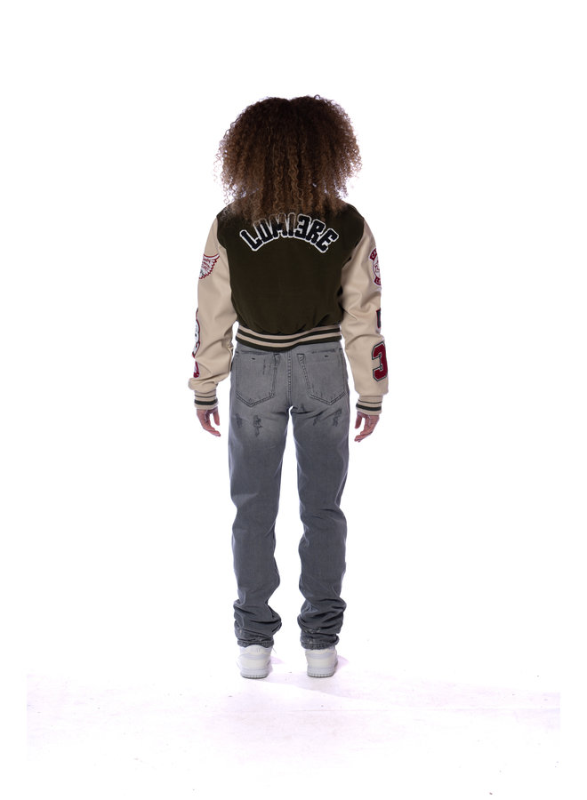 Multi-patch college jacket dark green cropped