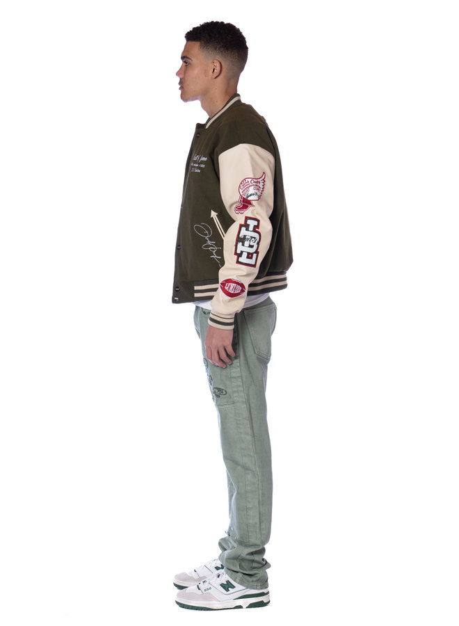 Multi-patch college jacket dark green