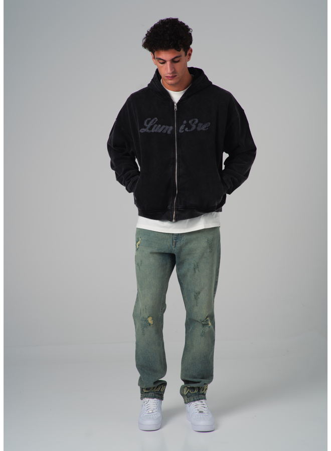 Black Loop Logo Zipper Hoodie Washed Grey