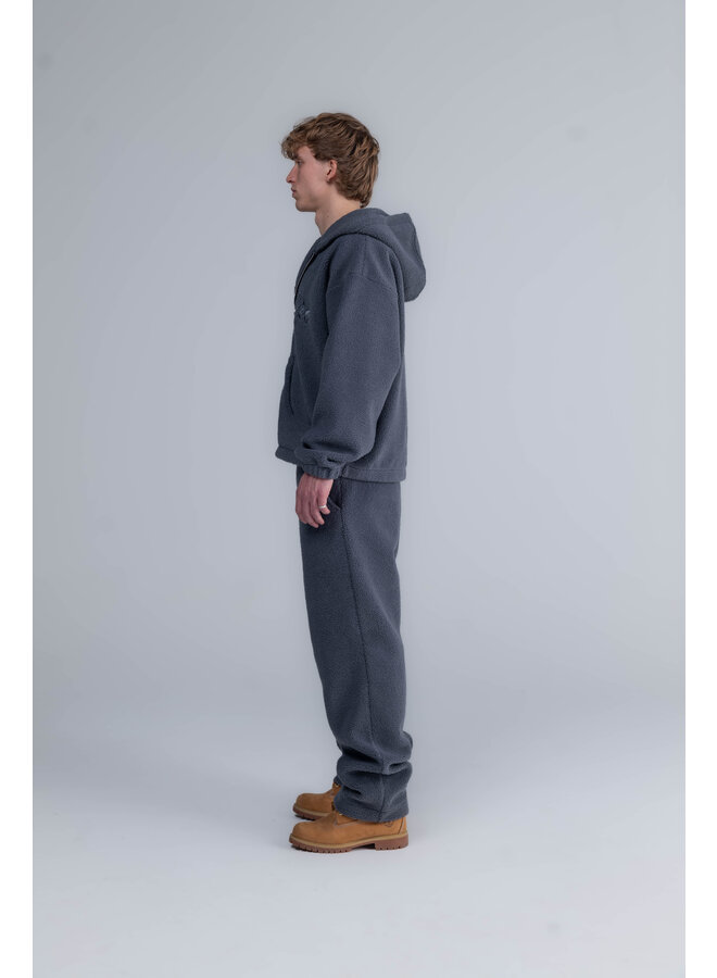 Curved Logo Hooded Zipper Teddy Sweater Grey