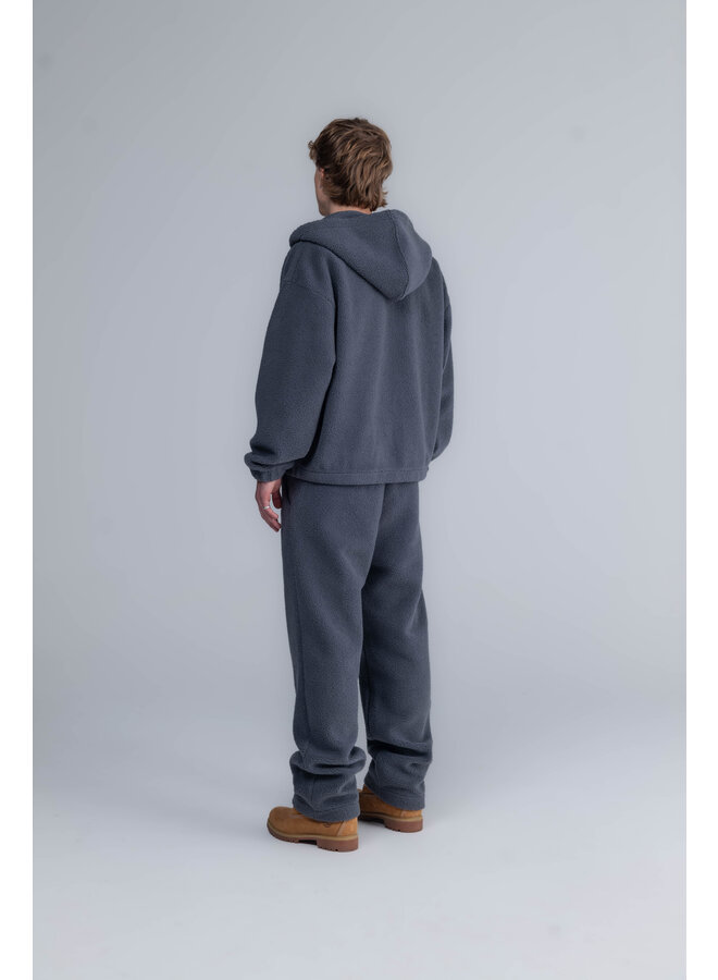 Curved Logo Hooded Zipper Teddy Sweater Grey