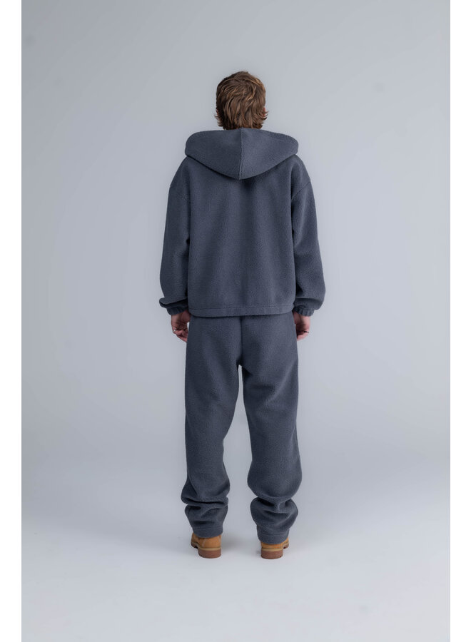Curved Logo Hooded Zipper Teddy Sweater Grey