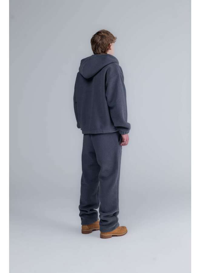 Curved Logo Hooded Zipper Teddy Sweater Grey