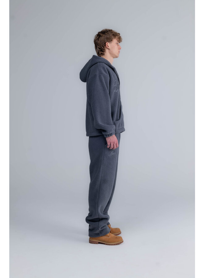 Curved Logo Hooded Zipper Teddy Sweater Grey