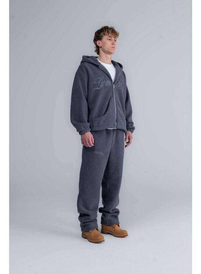 Curved Logo Hooded Zipper Teddy Sweater Grey