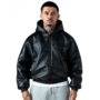 Black Puffed Leather Bomber Hooded Jacket