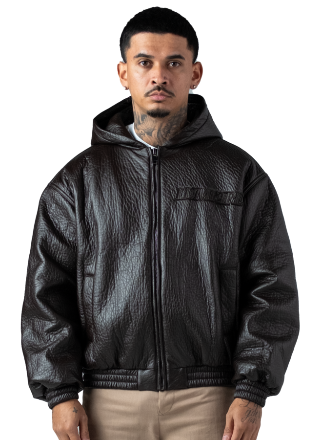 Brown Puffed Leather Bomber Hooded Jacket