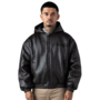 Brown Puffed Leather Bomber Hooded Jacket