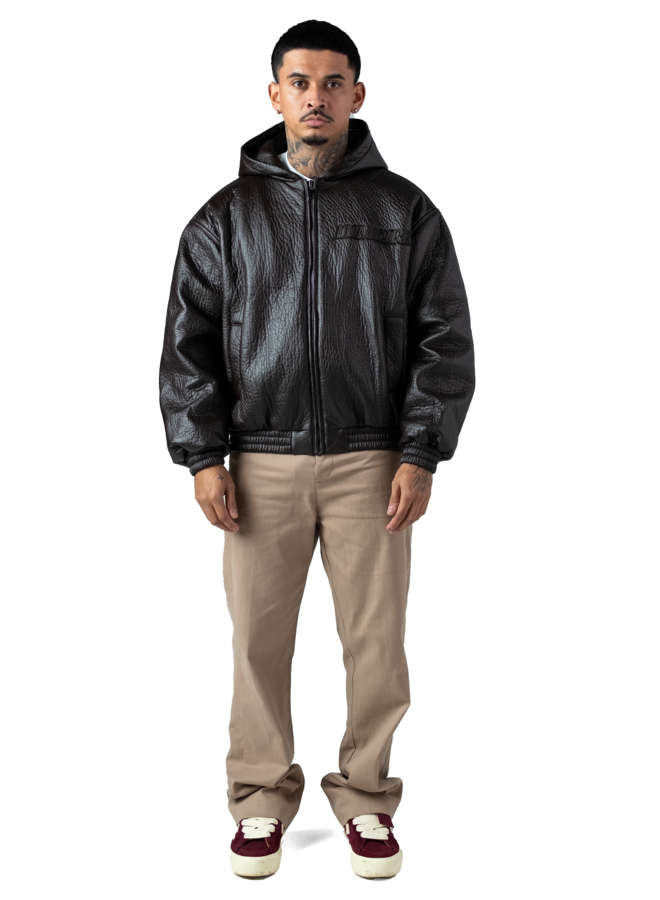 Brown Puffed Leather Bomber Hooded Jacket