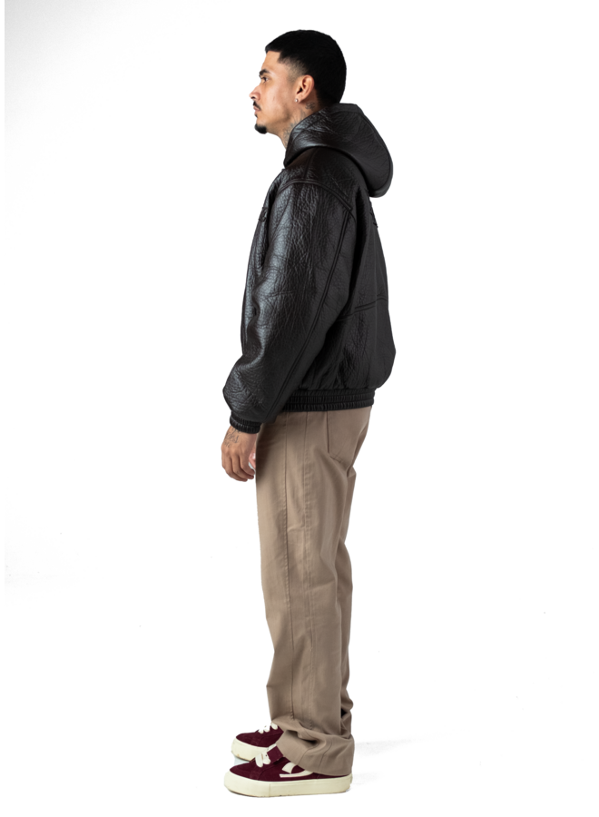Brown Puffed Leather Bomber Hooded Jacket