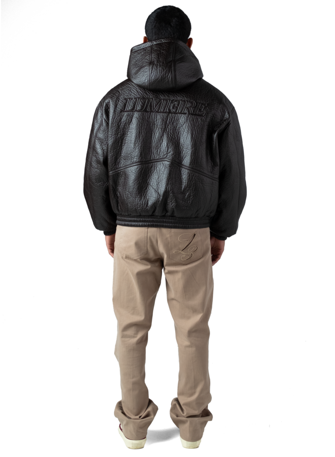 Brown Puffed Leather Bomber Hooded Jacket