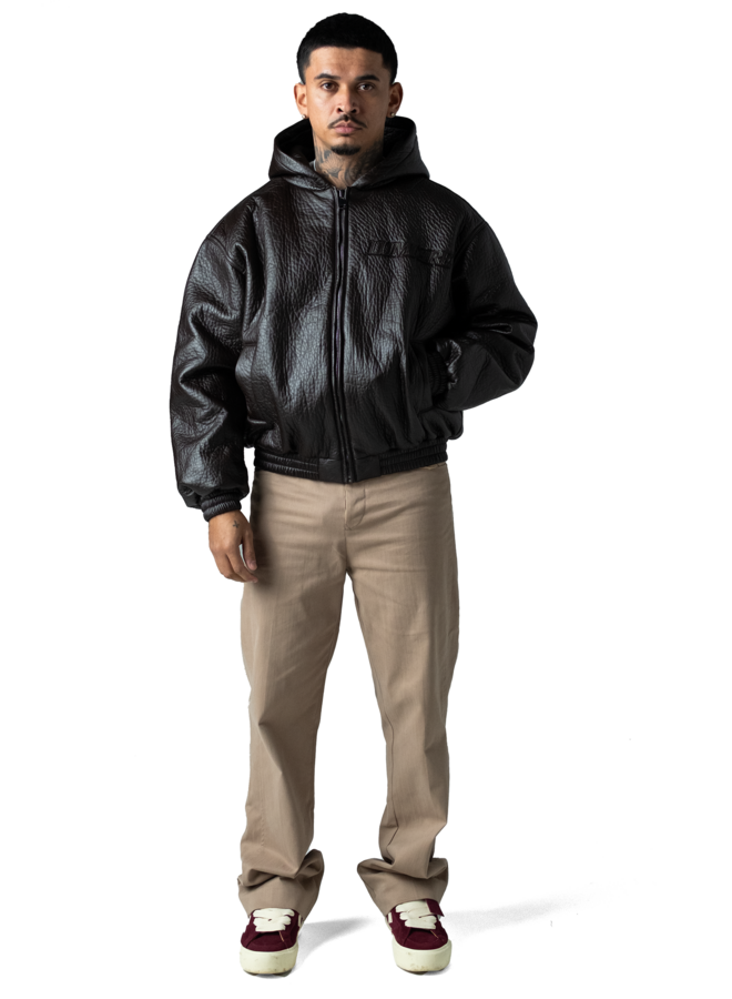 Brown Puffed Leather Bomber Hooded Jacket