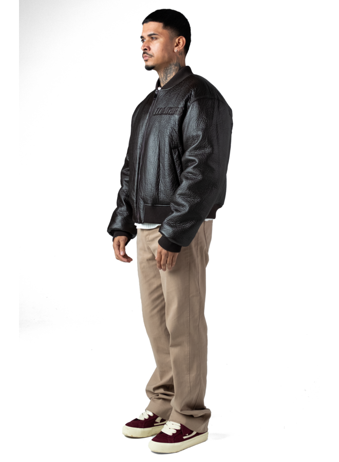 Brown Puffed Leather Bomber Jacket